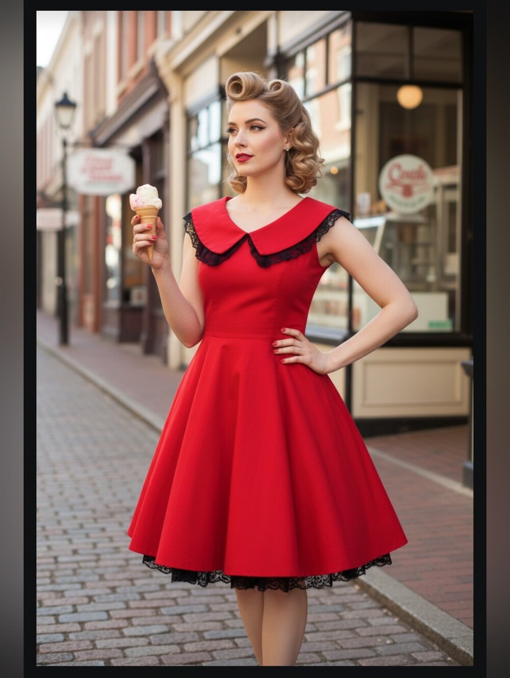 Hot Topic Retro Red Fit & Flare Dress with Black Lace Trim